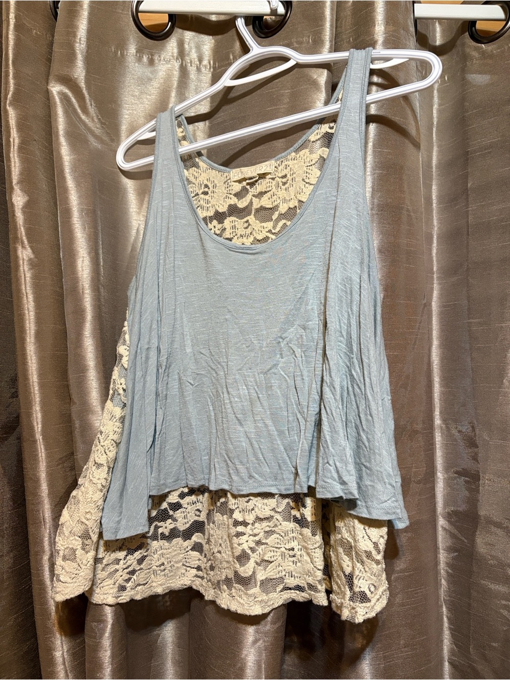 Flowy blue Tank with Cream Lace Back